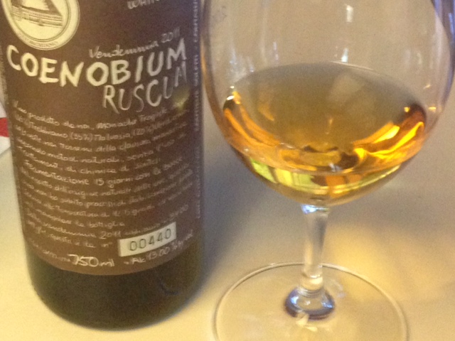 The 2011 Coenobium Ruscum, an Italian blend of three white varietals. Very dry, as you’d expect from a wine left on the skins.